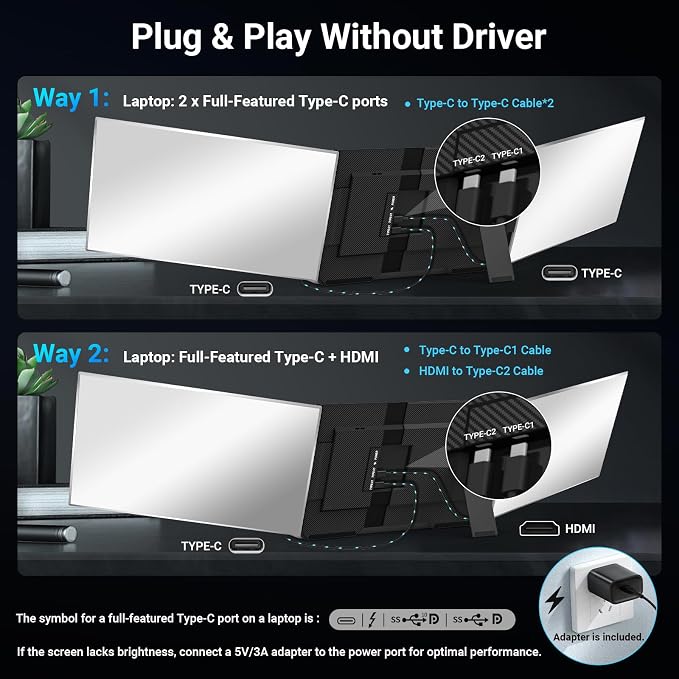 15.6" Laptop Screen Extender, 1080P FHD Triple Portable Monitor for Laptops, Ultra-Slim Travel Dual Monitor Fit for 13-17.3" Laptops, USB-C Plug&Play Extended Screen Compatible with Win/Mac/Android