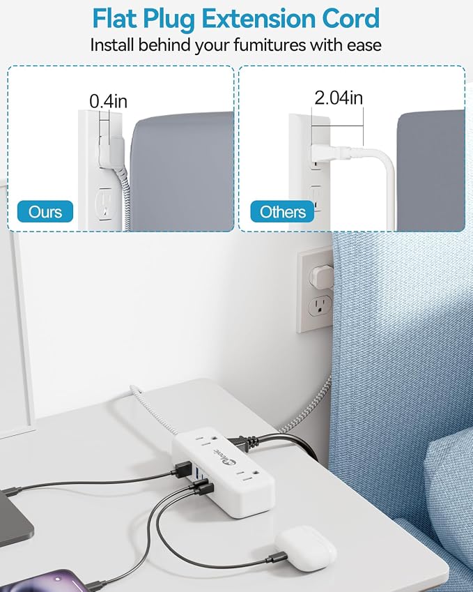Power Strip with USB C, Small Extension Cord with 4 Outlets & 2 USB-A and 3 USB-C Ports 4.8A/24W Charging Station, 3 Ft 2 Sides Outlet Extender Non Surge Protector for Cruise Ship Travel Office Dorm