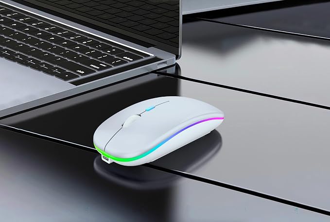WREANU Wireless Bluetooth Mouse Rechargeable Laptop Mice with LED Lights Silent Slim Use(BT5.2 & USB 2.4G Portable Receiver) Dual Mode Computer Mouse for Laptop/iPad/Tablet/Apple/Computer/Mac(White)