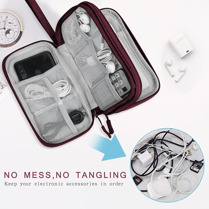 Skycase Electronic Organizer Travel Case - Waterproof Travel Cord Pouches for Organization, Cable Organizer, All-in-One Double Layers Storage Bag for Accessories, Charger, Cable, Wine Red - Large