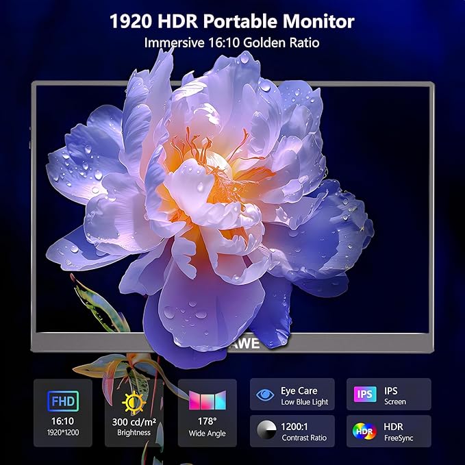 WUAWE 16 Inch Portable Gaming Monitor 1920x1200P FHD | 60hz Refresh Rate & HDR for PS5/Switch | Ultra-Thin 0.3" Built-in Speakers, Eye Care | Plug&Play for Laptop/Mac/Phone | Student Gift(Blue)