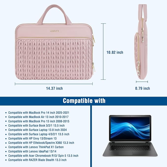 MOSISO Laptop Case 16 inch, 15-15.6 inch Laptop Sleeve Compatible with MacBook Pro 16 M5 M4 M3 M2 M1, HP Dell Acer Lenovo ASUS Notebook, Wheat Ear Quilted Carrying Bag with Handle&Pocket, Pink