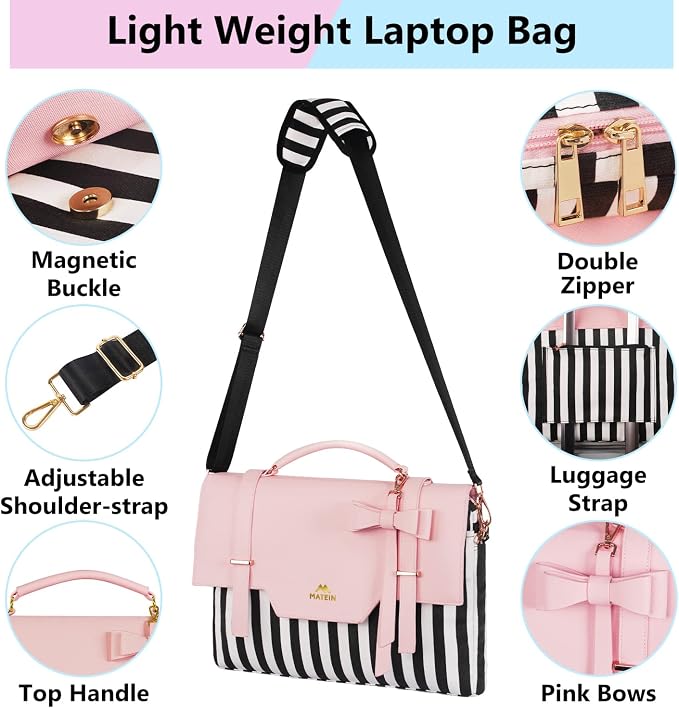 MATEIN Laptop Bag for Women, 15.6 inch Slim Computer Briefcase Sleeve Case, Lightweight Cute Girly Messenger Shoulder Carrying Work Tote Bag with Rfid Pocket, Sister Gifts for School Girl Office, Pink
