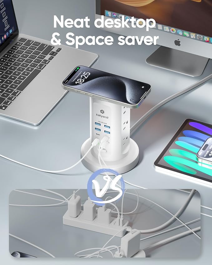 Kakyanill 30W USB Charging Station, Surge Protector Power Strip Tower, 9 AC Outlets with 8 USB Ports(4 USB-C), 6Ft Flat Plug Retractable Extension Cord, for Home Office Dorm, White
