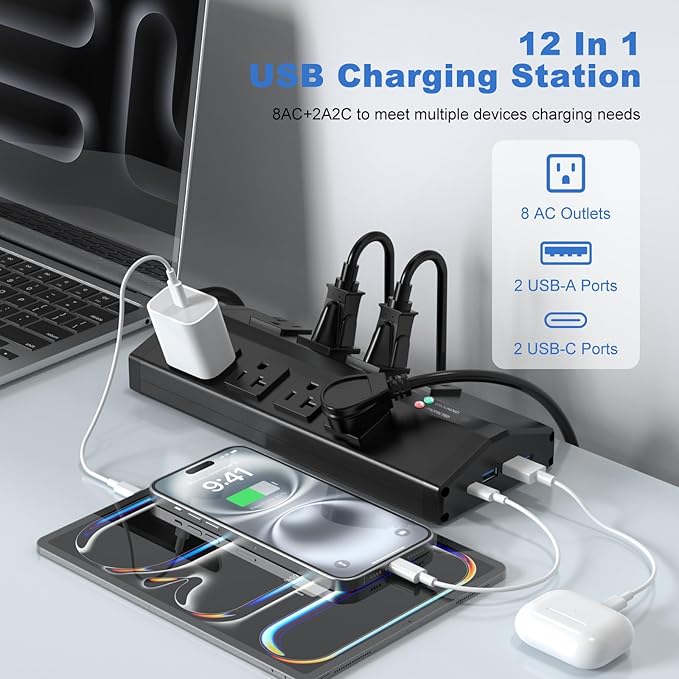 JUNNUJ Heavy Duty Power Strip with 8 Outlets and 4 USB Ports, Metal Wall Mount Surge Protector with 20 Amp 12 Gauge 4 FT Extension Cord for Garage, Industrial, Shop, ETL Listed