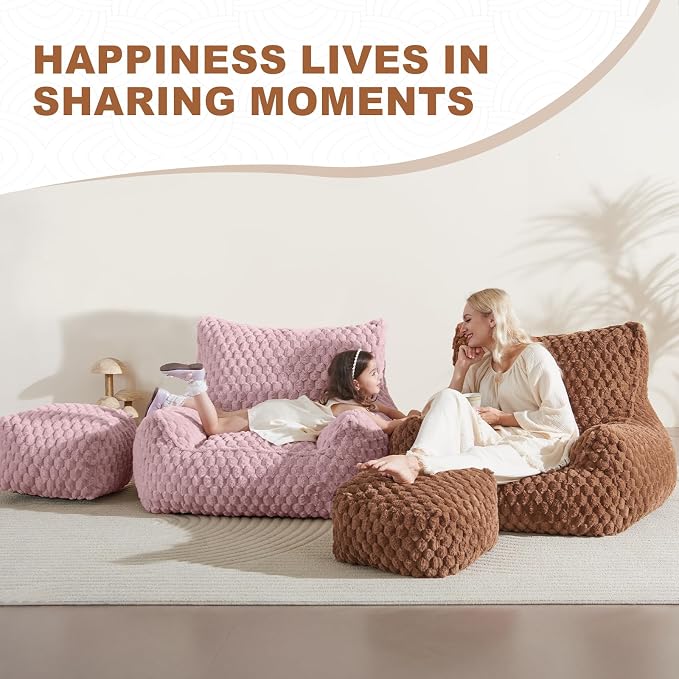 Bean Bag Chair with Ottoman - Modern Comfy Beanbag Sofa with Footrest, Soft Faux Fur Lounger Chair for Adults Teens, Cozy Memory Foam Filled Gaming Reading Chairs for Bedroom, Living Room (Camel)