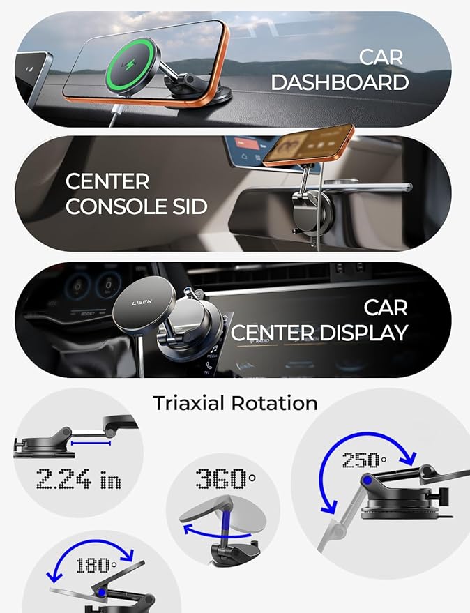 LISEN for 15W Magsafe Car Mount Charger, Magnetic Phone Holders for Your Car, Magnetic Wireless Car Charger, Suction Phone Mount for Car Accessories for iPhone 17 Pro Max 16 15 14 13 12, Pads & Mats