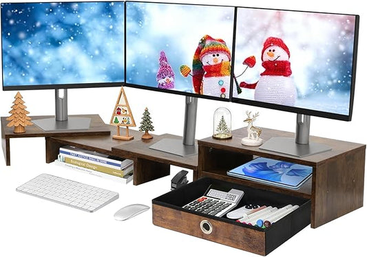 Monitor Riser for 3 Monitors, Dual Monitor Stand for Desk, Triple Monitor Stand with Drawer, Dual Monitor Stand with Storage, Extra Long Triple Monitor Riser up to 52", Angle Adjustable, Rustic Brown