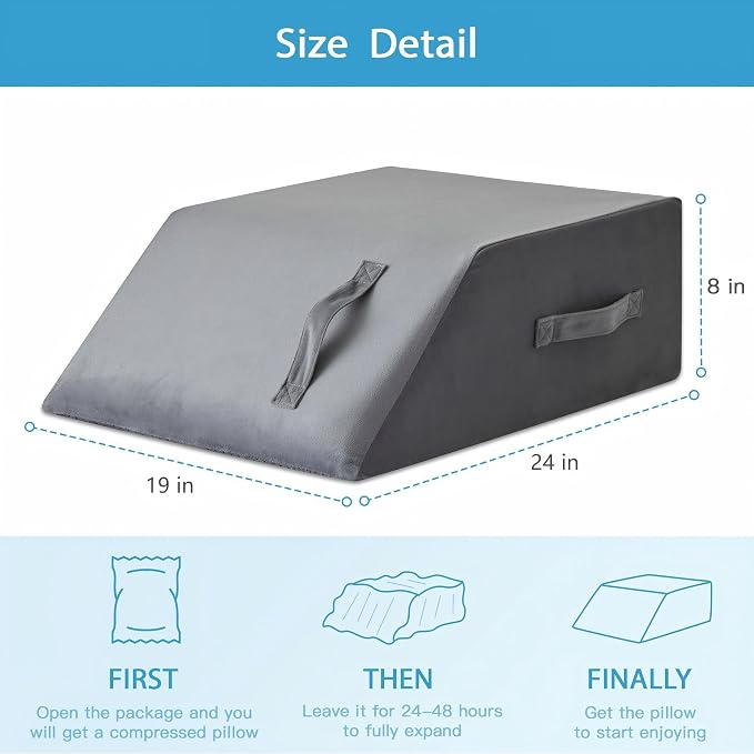 MEGCXIT Leg Pillow Elevation Blood Circulation, Leg Wedge for Elevation for Swelling, Leg Elevating Pillow for After Surgery Memory Foam Foot Knee Pillow for Back Sleeping 24×19×8 Inch Grey Plush