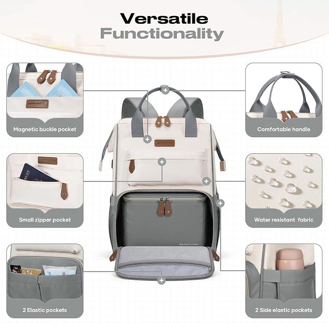 Maelstrom Travel Backpack for Women Men,Laptop Backpack Fits 15.6-17.3 Inch Laptop, Nurse/Work Bag with Insulated Lunch Box (Gray-beige)