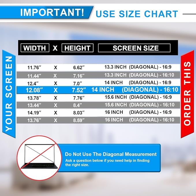 FILMEXT 14 Inch Laptop Privacy Screen Compatible with Lenovo Hp Dell Acer Asus Thinkpad Envy Xps -16:10 Aspect Ratio, Removable computer laptop privacy screen filter anti-blue light Anti Spy Shield