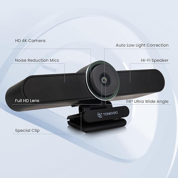 4K Webcam Conference Call TV Room Web Camera with Dual Microphones &Speaker, | All-in-One USB Video Camera, 116° Wide Angle, AI Auto Framing | Compatible with Zoom, OBS