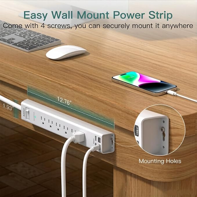 Addtam 5ft Power Strip Surge Protector, 6 Outlets and 4 USB Ports (2 USB C), Ultra Flat Plug Wall Mount, Multi Plug Outlet Extender Desktop Charging Station for Home Office Dorm Room Essentials