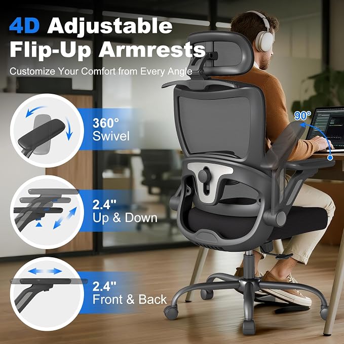 Ergonomic Office Chair, High Back Home Desk Chair with Adjustable Lumbar Support, Flip-Up Arms, Headrest, 90-135° Tilt Lock, Wide Big and Tall Mesh Computer Seating with Wheels