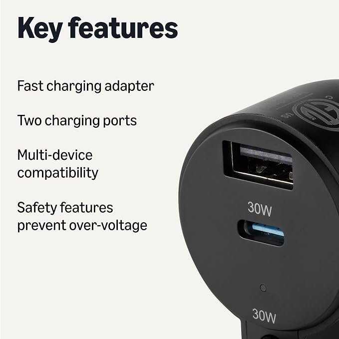 Amazon Basics Fast-Charging Car Charger, 60W, 1 USB-C Port (30W), 1 USB-A Port, 1 Built-in Coiled USB-C Cable (30W), Black
