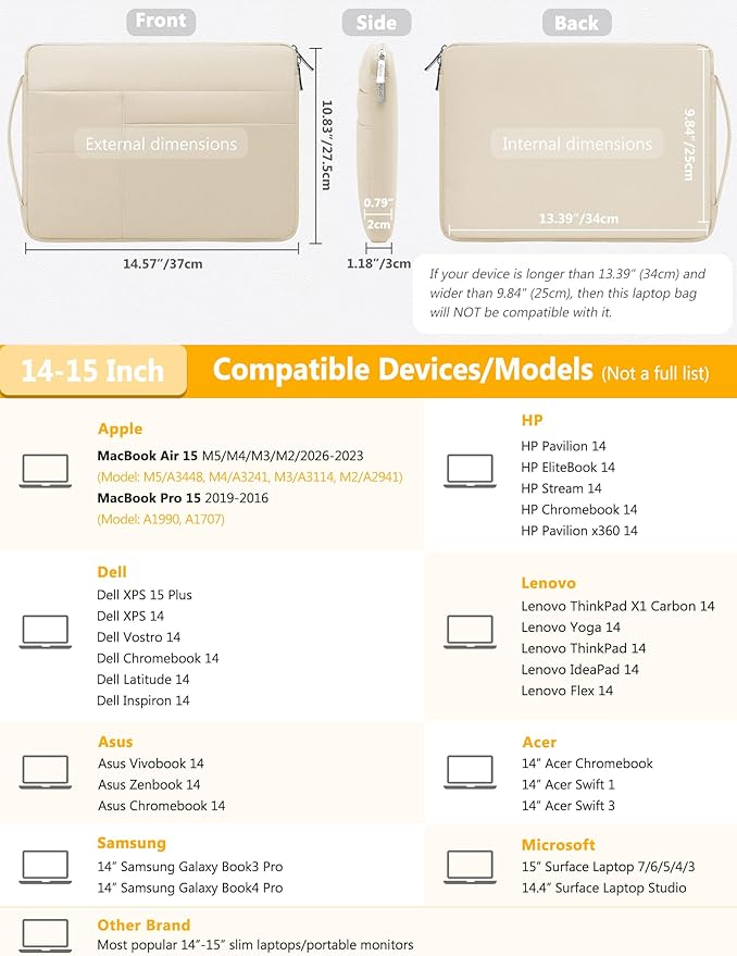 HYZUO 14-15 Inch Laptop Sleeve Bag for MacBook Air 15 M5 A3448 M4 M3 M2 2026-2023, MacBook Pro 15, 15" Surface Laptop, XPS 14/15 Plus, Notebook Case for 14" HP Dell Lenovo Asus Acer, Sand