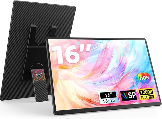 16" Portable Monitor for Laptop - 1200P FHD, Horizontal Vertical with Detachable Kickstand, Built-in Speakers, Plug & Play, Travel External Screen for Wins Mac Chrome