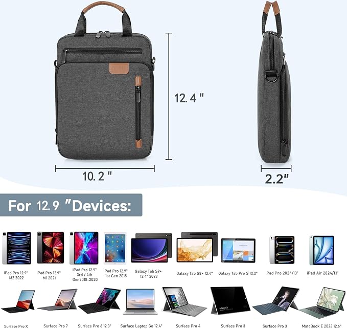12.9 Inch Tablet Sleeve Bag, Padded Carrying Case for 13" iPad Air M4 M3 M2 2026-2024, iPad Pro M5 M4 M2 M1, Samsung Galaxy Tab S9 FE+/S9+/S8+/S7 FE/S7+ 12.4" 2022/2023, Surface Laptop Go 12.4"