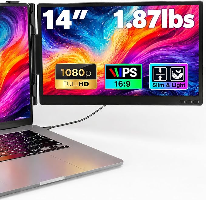 Laptop Screen Extender, 14” FHD 1080P Portable Monitor for Laptop, 0.27" Ultra-Thin Display with 100% sRGB, Dual Screen Extender for 13–17” Laptops, Plug & Play for Windows/Mac/Chrome/Android