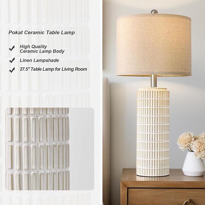 PoKat 27.5'' Tall Table Lamps for Living Room Set of 2, Ceramic Bedroom Lamps for Night Stands, Modern Bedside Lamps for Bedroom Living Room, Nightstand Lamps for End Table, Hallway, Gold and White