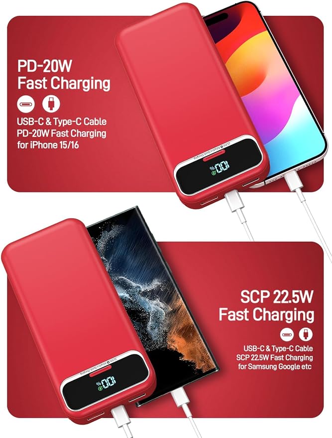 Portable Charger, 20000mAh 22.5W Fast Charging Power Bank with Built-in Cables & Wall Plug, Travel Essential External Battery Pack with LED Display, USB C Battery Phone Charger for iPhone Samsung Red