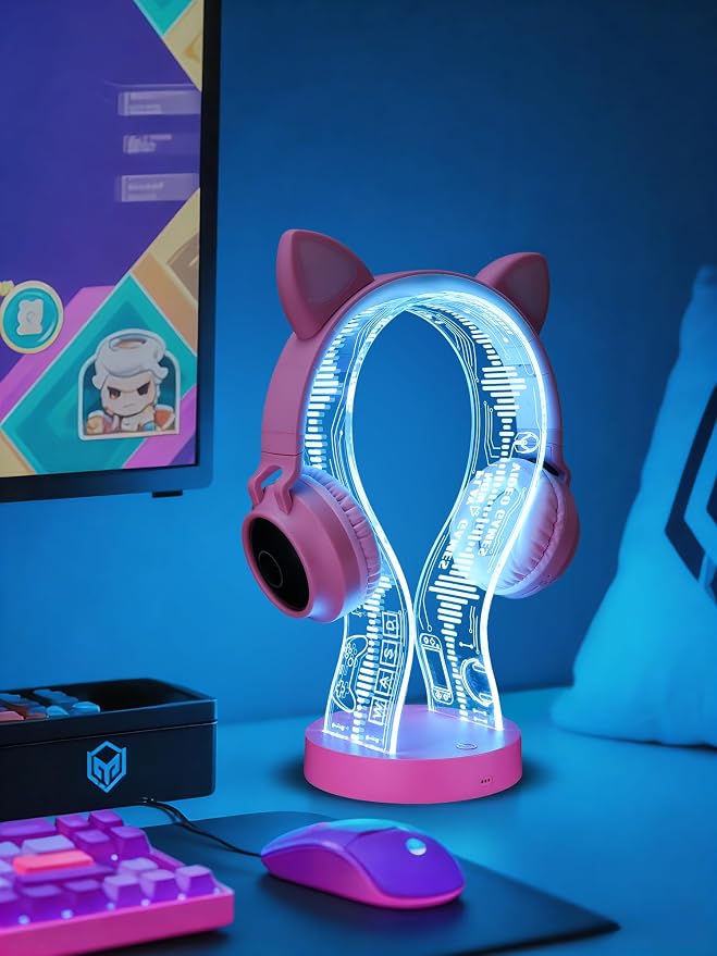 CoolGift Mart Light Up Headphone Stand with 16 Color Lights, Game Pattern Acrylic Headset Stand with 1 USB and 1 Type-C Charging Ports, Gifts for Girls Women Gamers and Music Lovers