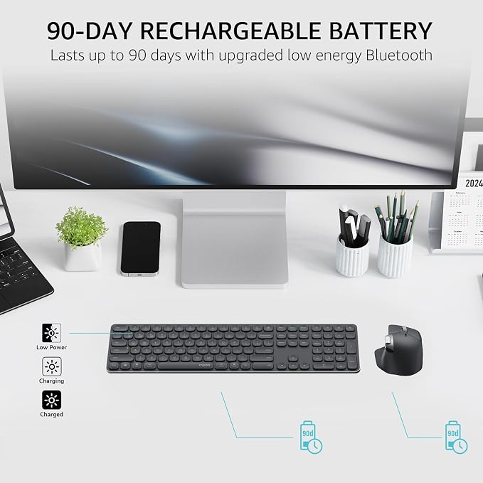 Rapoo 9560M Wireless Keyboard and Mouse Combo, Blade-Series E9550L 110-Key Ultra-Thin Keyboard and MT760SE Wireless Mouse, Support 4 Devices, Quiet, USB-C, Rechargeable, for Windows/Mac/Linux/Chrome