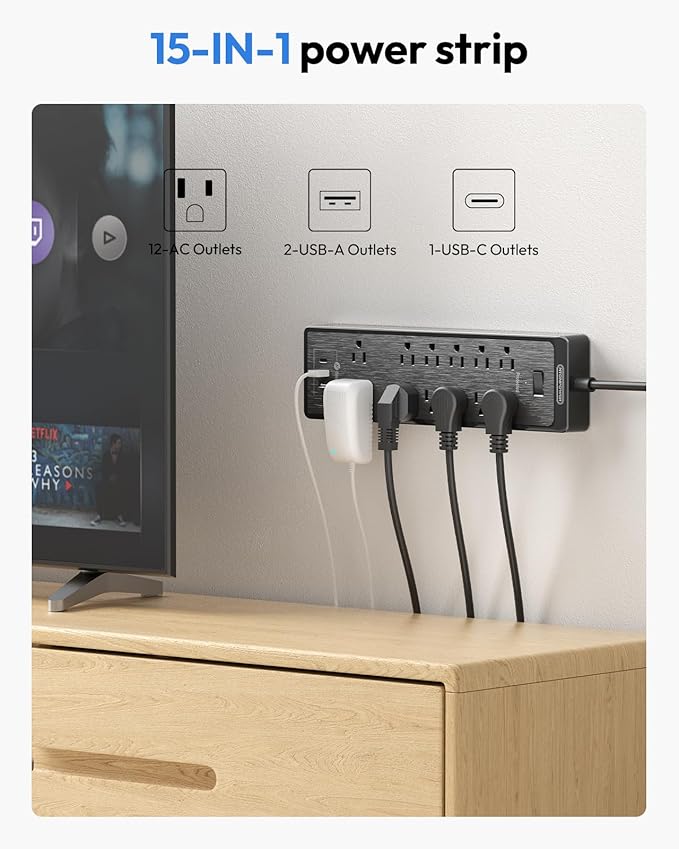 NTONPOWER 25 Ft Extension Cord Flat Plug, 12 Outlets(2 Widely Space) 3 USB with 2100J Power Strip, Overload Protection, 1875W/15A, Wall Mount for Home Office, Workbench or Garage,Black