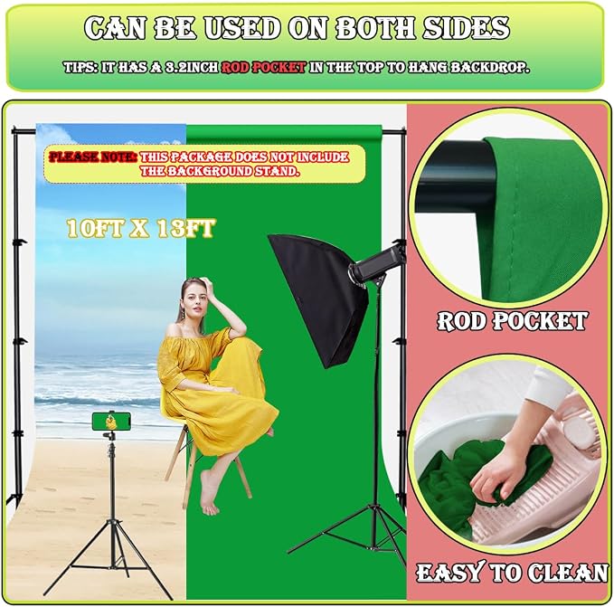 Green Screen Backdrop 10 x 13 ft, Photography Greenscreen Background for Streamingl, Big Green Photo Backdrop Curtain for Zoom Meeting, Video Studio, Video Recording