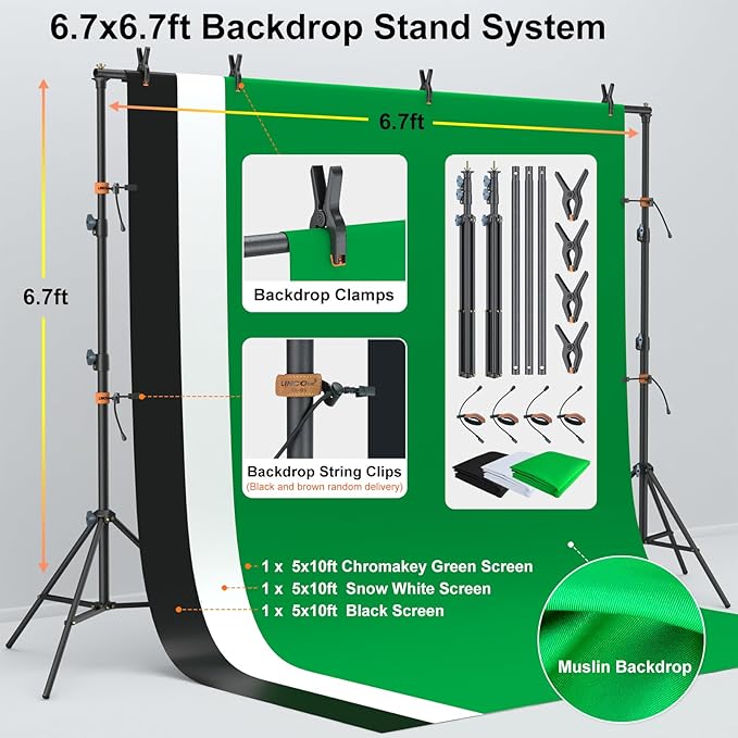 LINCO Lincostore Photo Video Studio Light Kit AM169 - Including 3 Color Backdrops (Black/White/Green) Background Screen
