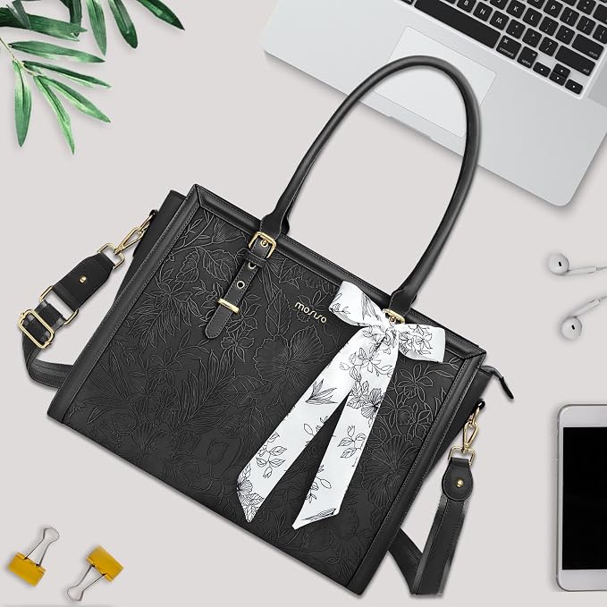 MOSISO Laptop Bag for Women, 17-17.3 inch PU Leather Tote Bag Compatible with MacBook, HP, Dell, Asus Notebook, Front Embossed Retro Hibiscus Computer Bags with Silk Scarf&Clutch Purse, Black
