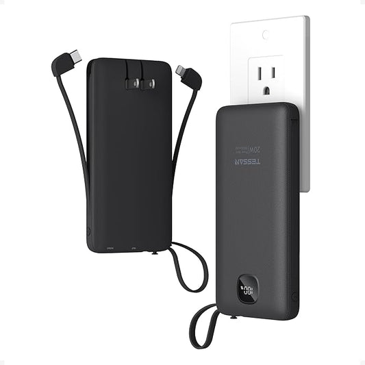 TESSAN Portable Charger with Built in Cables, 10000mAh Power Bank Fast Charging with Foldable AC Plug, PD20W Compact Battery Pack Travel Essentials for iPhone 17/16/15 Series, Samsung, Tablets, Black