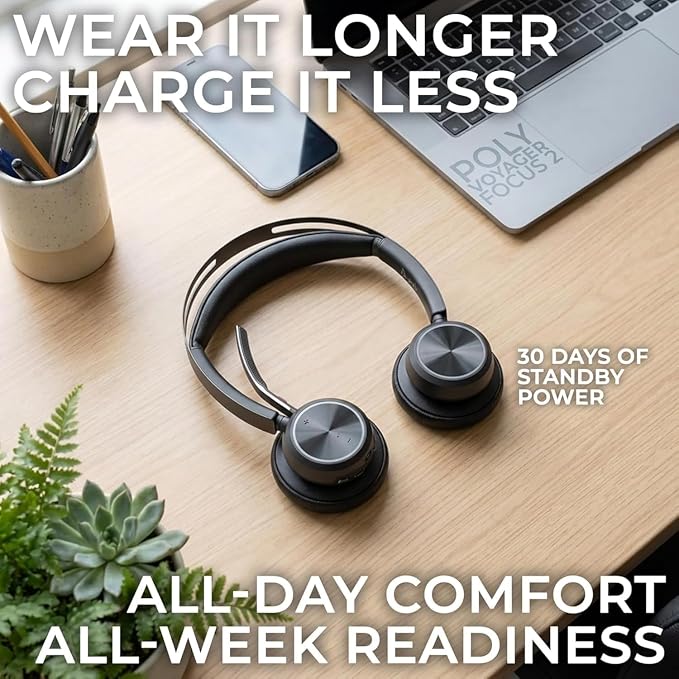 Plantronics Poly Voyager Focus 2 MS Wireless Headphones with Headset Stand, Compatible for Teams, Phones Calls, Zoom, Noise Cancelling Wireless Headset with Mic for Work, Over The Ear, GTW Microfiber