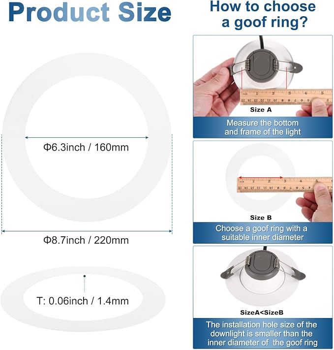 M METERXITY 1-Pack Goof Rings for 6 Inch Recessed Lights, 6.3" ID 8.7" OD Durable Plastic Trim Ring Flush Mount White Can Light Trim Ring Cover for Ceiling Can Downlights
