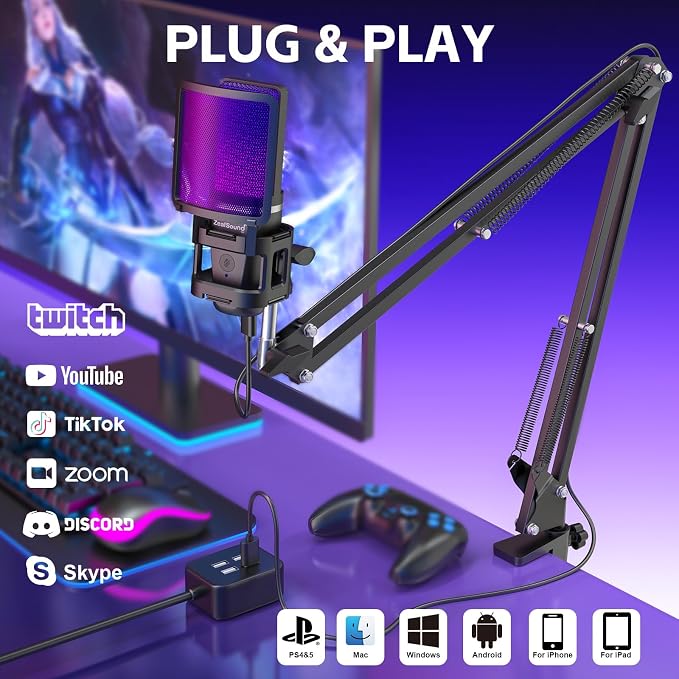 ZealSound Podcast Microphone, USB Mic with Noise Cancellation, Volume & Mute Control, RGB Light, Zero-Latency Monitoring, Gaming Microphones with Boom Arm & Tripod Stand for PC Mac iPhone and Android