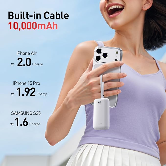 iWALK Mini Portable Charger 10,000mAh, 22.5W USB-C Fast Charging Power Bank with Built-in Cable, Travel Essential Ultra-Small Battery Pack Compatible for iPhone 17/16/16 Pro/15, Samsung, Google, White