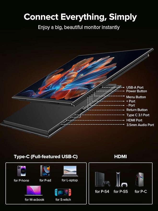 UPERFECT QLED 24" 144Hz Portable Monitor 1080P 145% sRGB 450Nits w/Stand & VESA, HDMI USB-C FHD Travel Monitor for Laptop/Gaming Devices/Phone/Mini PC, External Second Screen for Gaming & Work