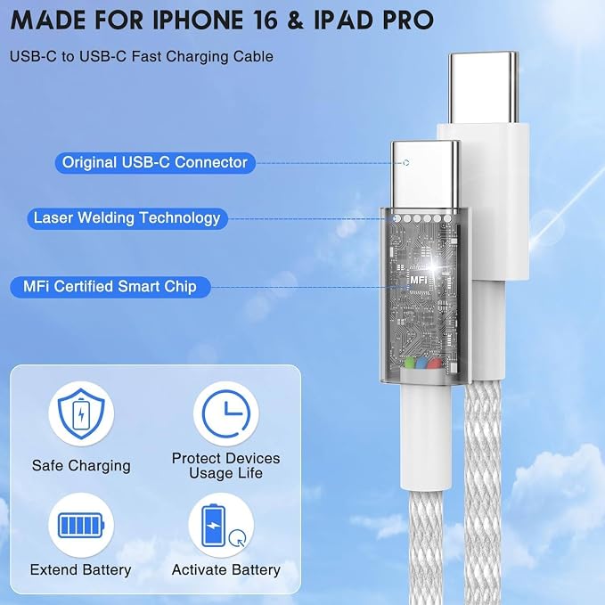 USB C to C Fast Charger Cable 6ft, Long Type C to USB C Charging Cord Wire for iPhone 17 Pro Max/17 Air/16 Pro/15 Plus,MacBook Pro 2021/2020/2019/2018,iPad 12.9/11 inch/Mini/Air,Samsung Galaxy