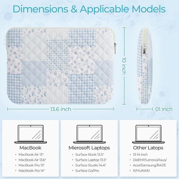 13-14 inch Cotton Quilted Laptop Sleeve for Women, Aesthetic Puffy Laptop Case Carrying Bag Compatible with MacBook Air/Pro 13/Pro 14, Soft Computer Liner Bag (Green Blue Pin, 13.3 inch)