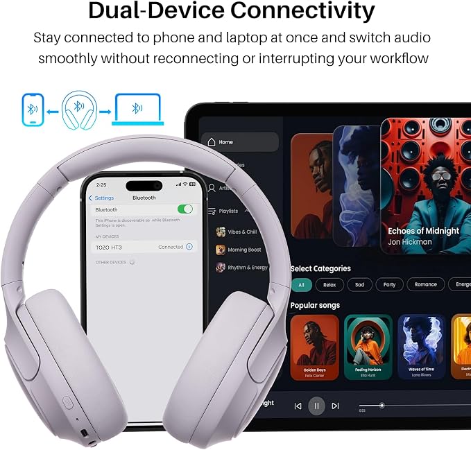 TOZO HT3 Hybrid Noise Cancelling Headphones, 90H Battery Life Wireless Over Ear Bluetooth 6.0 Foldable Headset, AI Voice Assistant with 5 Mics, Connect 2 Devices & Hi-Res Sound, 32 Audio EQ, with Case