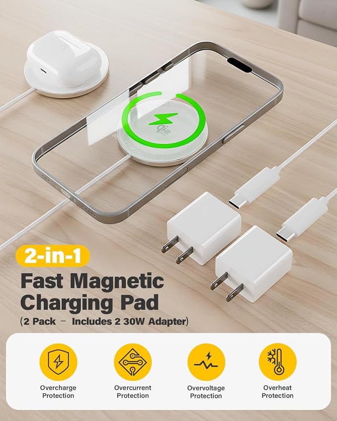 25W Magnetic Wireless Charger, 6FT Fast Charging Pad Qi2.2 Wireless Charge for iPhone 17 16 /AirPods3/2/Pro/for Galaxy S26 Ultra/Pixel 10 Series, Portable Charger for Desk& Travel(2Pack,Elegant White)