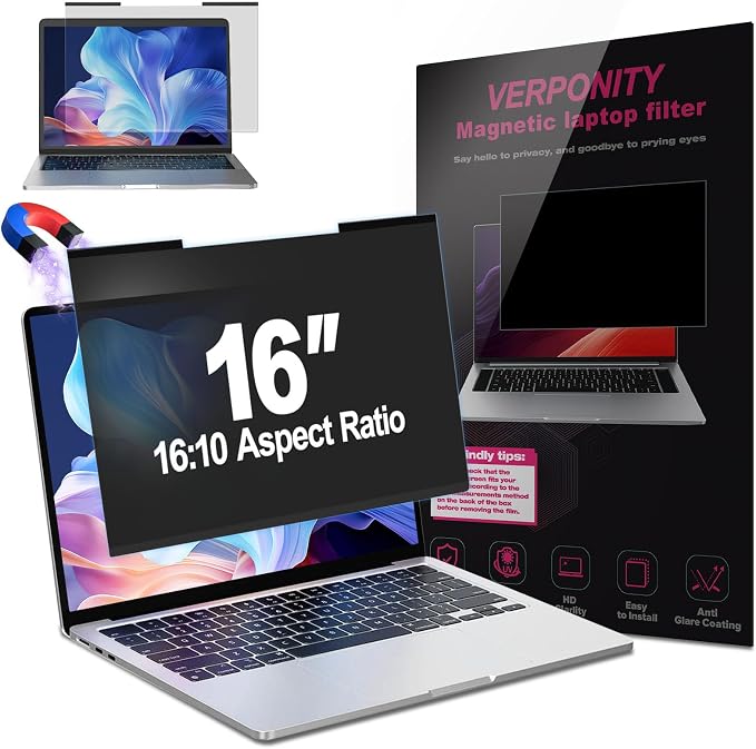 Magnetic Laptop Privacy Screen 16 Inch 16:10 Display, Removable Computer Screen Privacy Shield, Anti-Glare Blue Light Protector Compatible with Dell Hp Lenovo Acer Asus Samsung