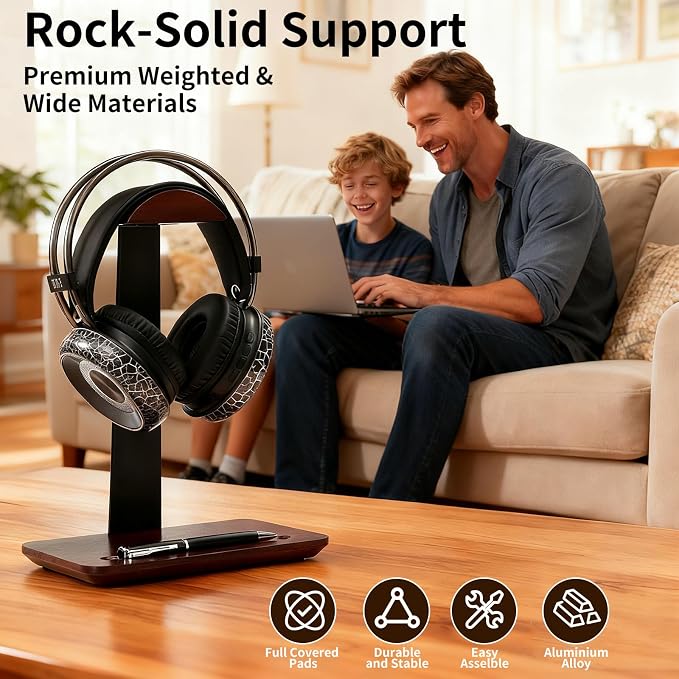 Walnut Wood Headphone Stand with Pen Holder - Desktop Wooden Headphone Stand, Solid Wood Headset Holder & Executive Desk Organizer for Office, Compatible with AirPods Max, Sony, Bose