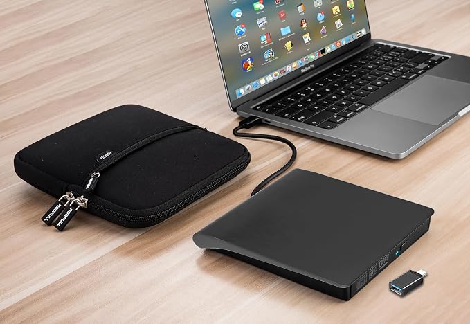 ROOFULL External CD DVD Drive for Laptop, USB 3.0 Type-C Portable CD Burner DVD Player Optical Disc Reader Writer for Windows 11/10 Computer Mac MacBook Linux PC with Protective Carrying Case