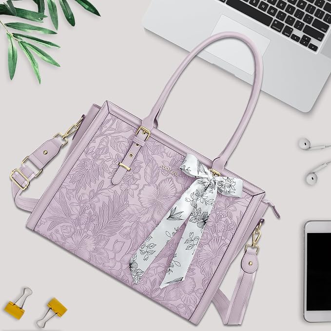 MOSISO Laptop Bag for Women, 17-17.3 inch PU Leather Tote Bag Compatible with MacBook, HP, Dell, Asus Notebook, Front Embossed Retro Hibiscus Computer Bags with Silk Scarf&Clutch Purse, Dusty Lilac