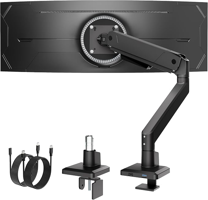 monTEK Single Monitor Arm with USB for Max 45 Inch Ultrawide Screens Adjustable Monitor Desk Mount Holds 35 Lbs Cable Management with C Clamp/Grommet Desk Mount, VESA 75/100mm