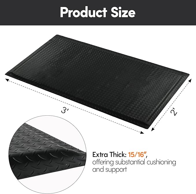 Anti Fatigue Mats Industrial 2' x 3' 15/16" Thick Ergonomic Standing Mat Commercial Kitchen Mat Heavy Duty Diamond Plate Shop Floor Mat Helps Relieve Back and Leg Soreness