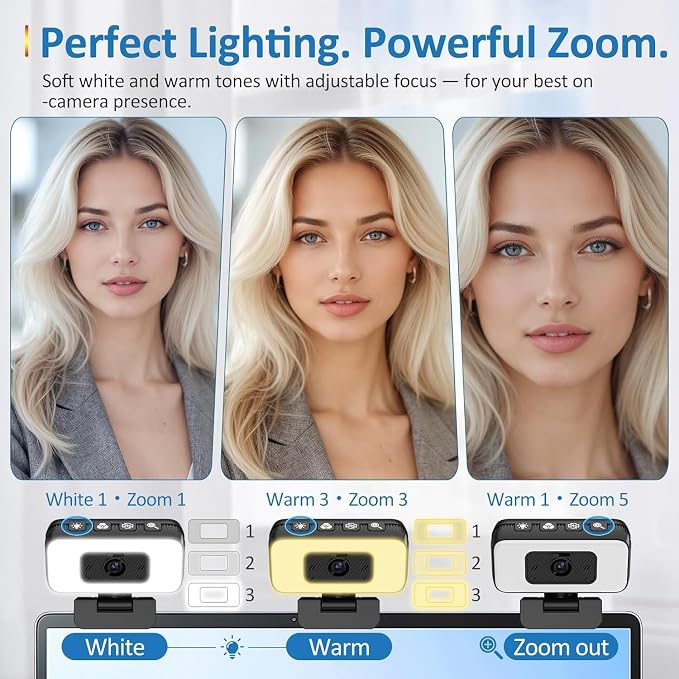2K Webcam for Laptop, USB Web Camera with Light, Webcam with Microphone, 5X Zoom, Privacy Shutter, Anti-Disturb Backlight