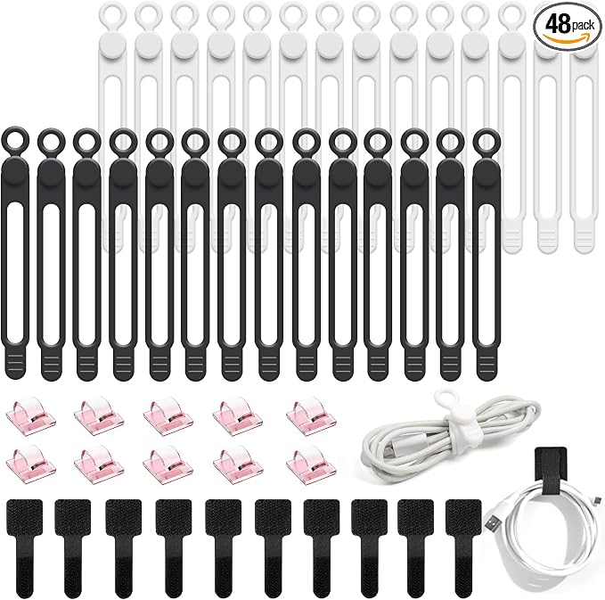 48Pcs Cord Organizer Kit, Reusable Silicone Cable Ties, Strong Adhesive Cable Clips for Cable Management, Multipurpose Wire Management for Bundling and Fastening Various Wires (Black, White)