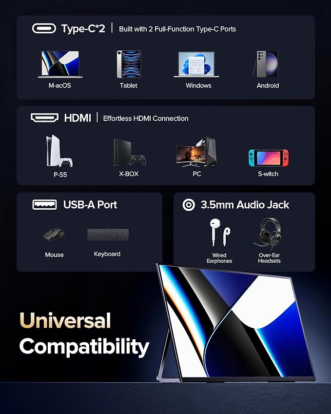 23.8'' QLED Portable Monitor 144Hz Gaming Monitor, 145%sRGB | 2000:1 | FreeSync Built-in Adjustable Stand, Speaker and VESA, USB-C HDMI Large Second Screen for Laptop, Mac-book, PC, Game Console